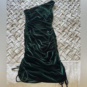 Emerald velvet one shoulder dress with ruched sides. Size M